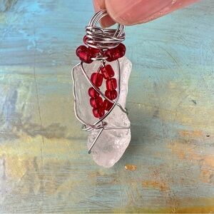 Handmade Sea Glass Pendant Red Accent Beads Silver Tone Wire Wrapped 1915 R